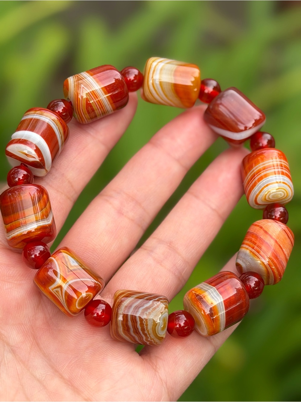 15mm Red Banded Nanhong Agate Barrel Bracelet 8 Inches 2233